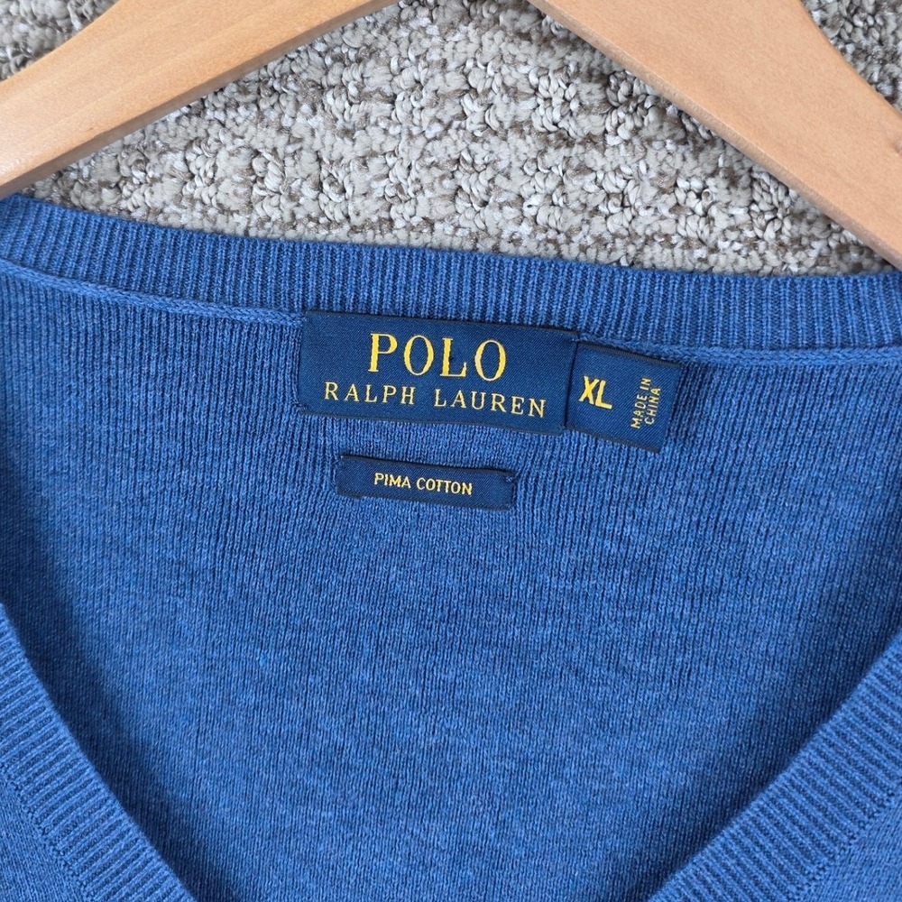 Polo Ralph Lauren Mens XL Blue Pima Cotton V-Neck Sweater Yellow Pony Logo - Picture 3 of 7